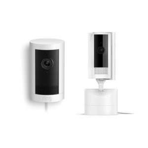 All-new Ring Outdoor Cam Plus Plug-In, White with Ring Pan-Tilt Indoor Cam, White
